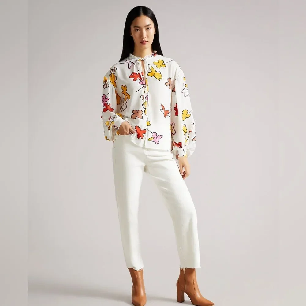 Ted Baker London Thurso Floral Print Stretch Woven Balloon Sleeve Blouse Size 4 - Picture 2 of 15